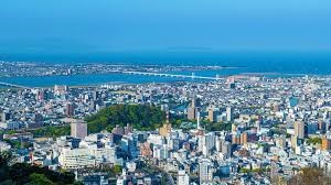 An aerial view of Tokushima, with the sea in the back